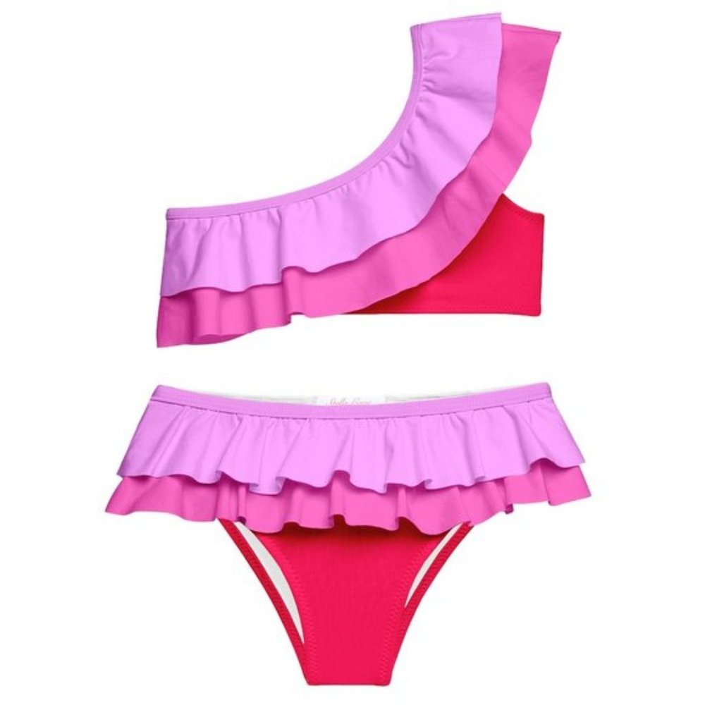 Stella Cove NWT Girls Pink Red One Shoulder Tiered Ruffle Two Piece Bikini Sz 2T